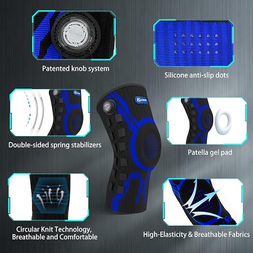 Kuangmi Knob Knee Brace for Pain Relief, Knee Support with Patella Gel Pad & Side Stabilizers, Compression Knee Sleeve for Workout, Arthritis, Joint Pain, Meniscus Tear (Blue Black,Right,XX-Large,Single)