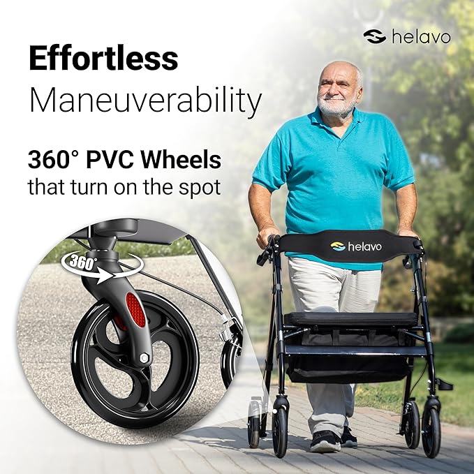 Helavo Bariatric Walker with Large, Height-Adjustable Seat, 500 lbs Weight Capacity, All Terrain 8-inch Wheels, 28-inch Wide - Extra Wide Heavy Duty Rollator for Seniors