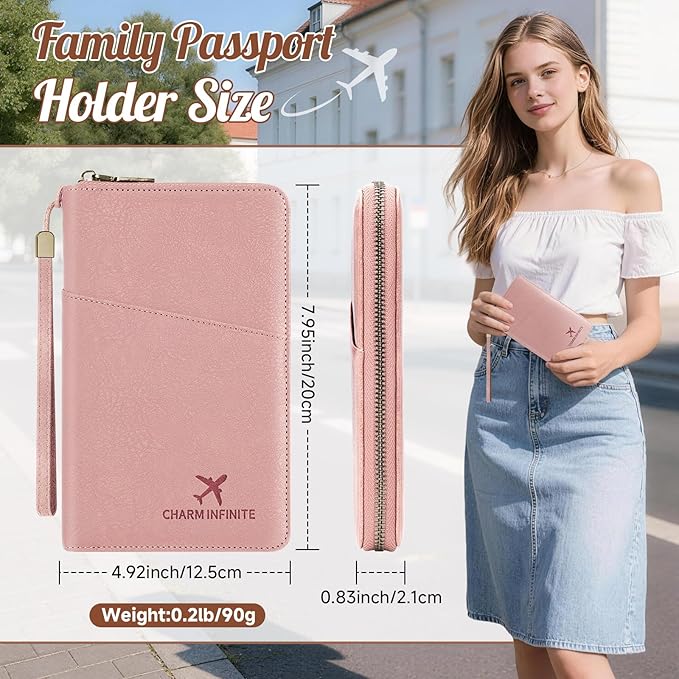 Likesing Family Passport Holder for 4, RFID Multiple Passport Holder-Pink | Leather RFID Blocking Travel Passport Wallet with Zipper, Travel Document Organizer with Wrist Strap Card Slots for Women Men