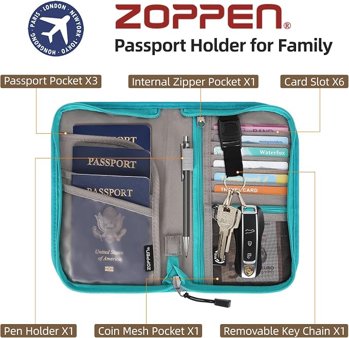 Passport Holder Family RFID Passport Wallet, Passport Holder Women/Men, Travel Wallet Documents Organizer Zipper Case with Removable Wristlet Strap, Travel Essentials for Flying
