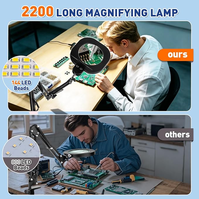 HITTI 2200 Lumens 12X Magnifying Glass with Light and Clamp, 5-Inch Glass | Real Lens, 5 Color Modes, Stepless Dimmable, LED Lighted Magnifier Stand for Workbench, Craft, Soldering, Reading, Painting