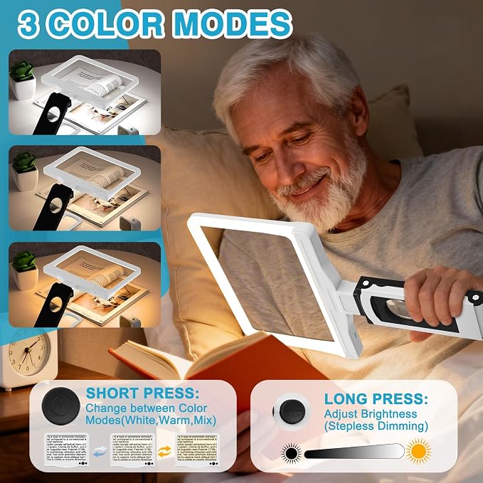 30X 6X Rechargeable Magnifying Glass for Reading, Large Full Page Magnifier with Folding Stand, 3 Color Light Modes, Dimmable LED Lighted, Hands Free Book Magnifier for Low Vision Seniors, White-Black