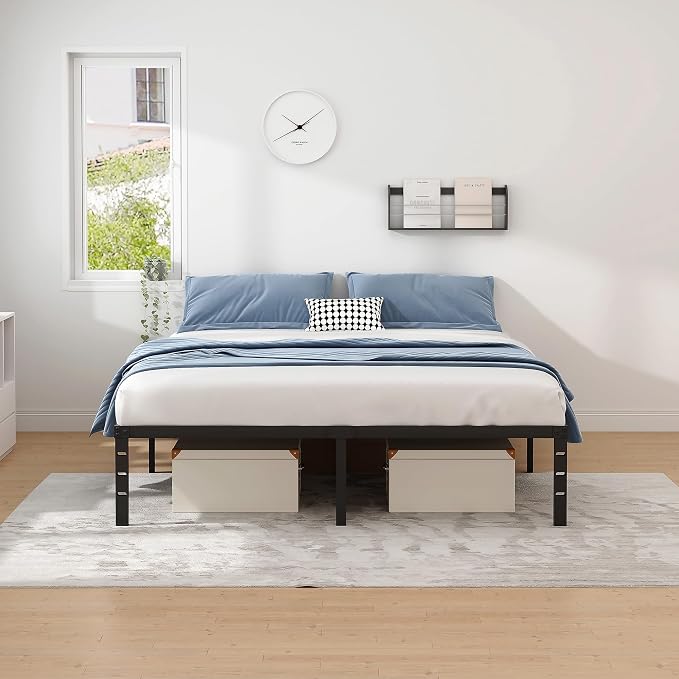 NEW JETO Metal Bed Frame,King Size Bed Frame with Storage Space,18 Inch | Heavy Duty Sturdy Mattress Foundation,Easy Assembly,No Box Spring Needed, Black