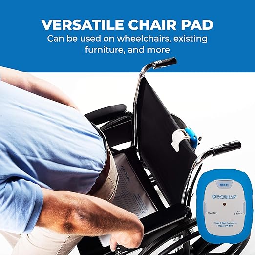 Patient Aid Chair Alarm with 10" x 15" Motion Sensor Pad and Wired Device with Rubber Casing, Ring Sound and Mounting Options, AC Adapter and Battery Powered Wandering and Fall Prevention for Elderly