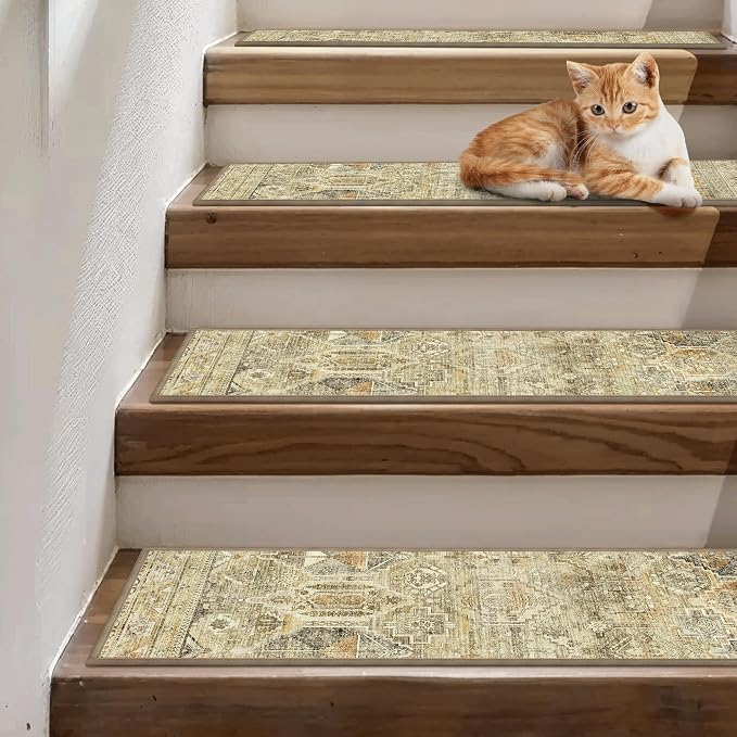 sarben 8"x30" Non Slip Stair Treads for Wooden Steps 15 Pack, Tawny Ivory | Peel and Stick Carpet Stair Runner with TPE Adhesive Backing, Carpet for Added Safety, Pet and Senior Friendly