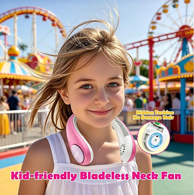 Kids Neck Fan, Portable Bladeless Neck Fan for Kids 4-14Y, 2600mAh Rechargeable Wearable Fan for Girls Boys, 4 Speeds Lightweight Quiet Cooling Fan for Study, Camping, Travel, Summer Essential