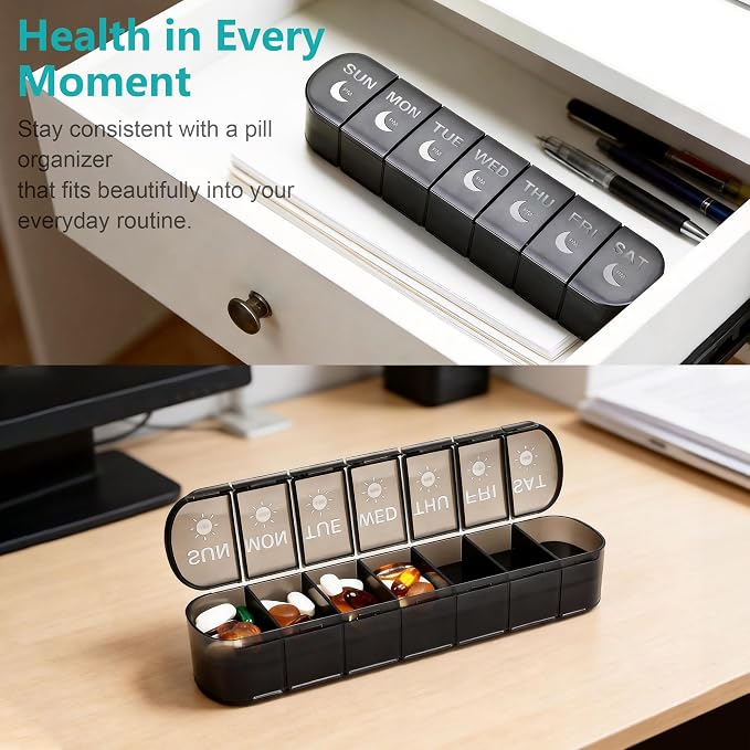 FHORAIN XL AM PM Pill Organizer 2 Times a Day, Fade Resistant Extra Large Weekly Pill Box 7 Day, Double-Sided 14 Compartments for Vitamins, Fish Oil, Supplements & Gummies (Black)