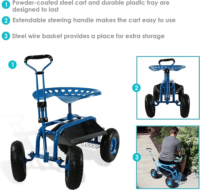 Sunnydaze Garden Seat with Wheels and Adjustable Handle, Blue | Steel Rolling Gardening Seat with Utility Tray for Storage, Rotating, Swiveling Motion