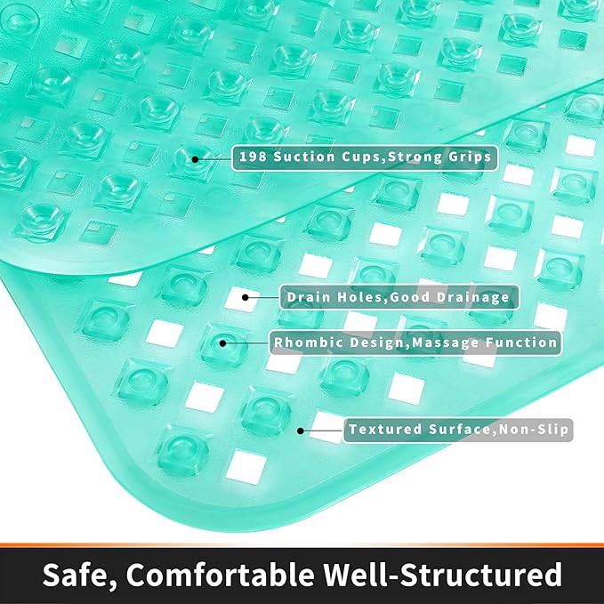 Yimobra Bathtub Mat Non Slip, Super Strong Suction Cups, 27.5"x15.5" Long Shower Mat with Drain Holes, Machine Washable Fast Draining Bath Mats, Bathroom Essentials,Clear Green