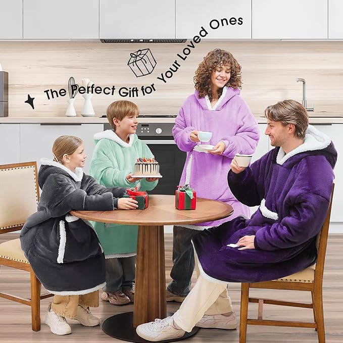JOYWOO Purple Oversized Wearable Blanket Hoodie, Cat lovers Long Hoodie Blanket for Adult,Birthday Gifts for Women Men Mom,Cozy Sherpa Hooded Blanket Giant Pocket Winter Gifts,Dark Purple,Oversize
