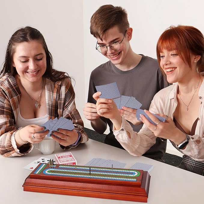 Wooden Cribbage Board Game Set with Cards and Metal Pegs, 3 Track Cribbage Board with Storage Drawer, Portable Travel Cribbage Set for Adults, Families, Seniors, Camping & Game Night