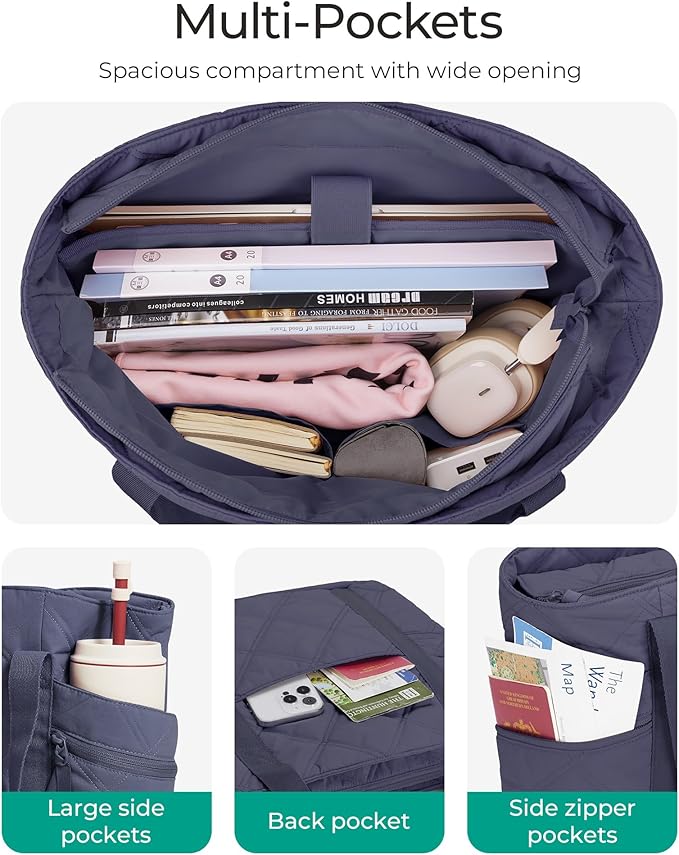BAGSMART Crush Tote Bag for Women, 20L Puffer Work Tote with Zipper | Quilted Nurse Hospital Bag For Travel College Gym
