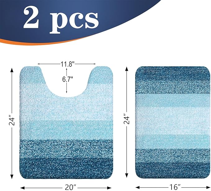 OLANLY Bathroom Rug Set 2 Piece, Soft Absorbent Microfiber Bath Mats and U-Shaped Contour Toilet Rug, Non-Slip, Machine Wash Dry, Plush Shaggy Bath Mats for Bathroom (24"x16"+U24 x20, Peacock Blue)