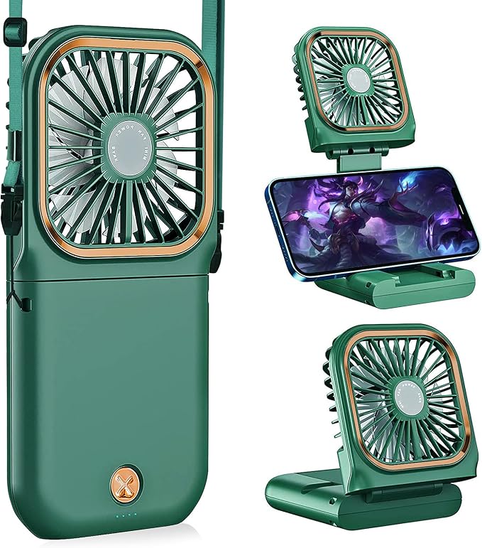 Portable Neck Fan Mini Quiet Handheld Personal Foldable USB Rechargeable Fan with Phone Holder founction for Home Office Outdoor Travel, Hands Free Necklace Fans