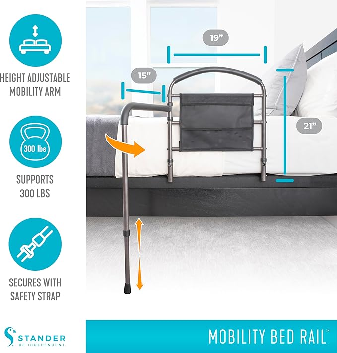 Stander Mobility Rail, Bedside Railing and Assist Bar with Swing-Out Safety Handle for Adults, Seniors, and Elderly, Guardrail with Organizer Pouch, ASTM Safety Approved Bedrail