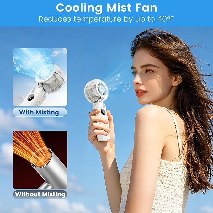 Portable Fan Handheld, Powerful Cooling Misting Fan Rechargeable | LED Display, 100 Speed Stepless Control, 155° Foldable, Personal Mist Fan for Outdoor, Travel, Makeup, Gifts for Men Women