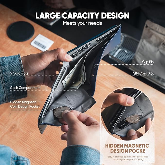 VULKIT Bilfold Passport Holder Leather RFID Blocking Passport Wallet with Hidden Pocket Slim Travel Documents Organizer for Men or Women (Passport, Card, Cash, Coin, SIM Card, Ticket)