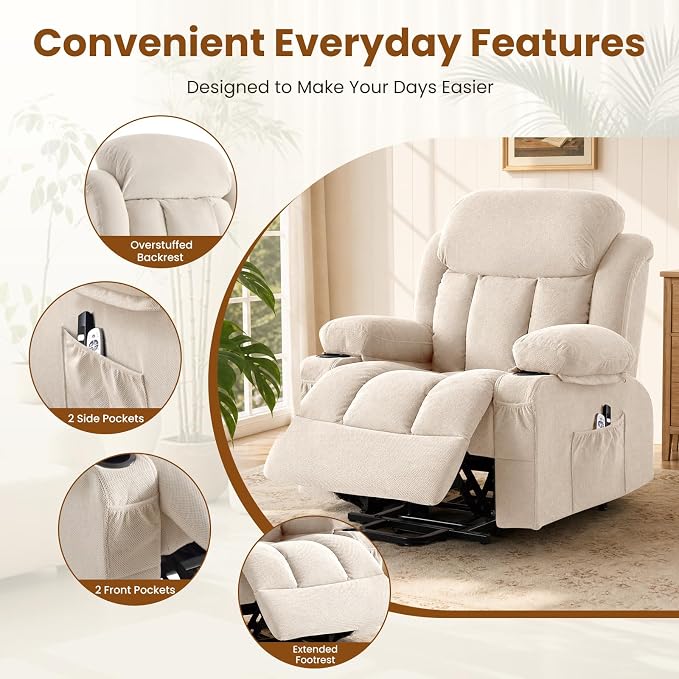 Electric Power Lift Recliner Chair Sofa with Massage and Heat for Elderly,Lift Chair with Cup Holder & Side Pockets for Living Room