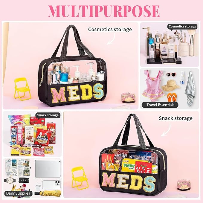 Chenille Letter MEDS Bag Clear Medical Medicine bag for Traveling Preppy Emergency Patch Bag with Handle and Zipper Waterproof Nylon Portable Makeup Bag for Women