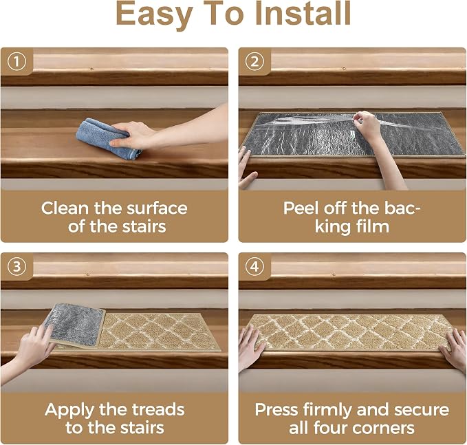 sarben 8"x30" Non Slip Stair Treads for Wooden Steps 15 Pack, Tan White | Peel and Stick Carpet Stair Runner with TPE Adhesive Backing, Carpet for Added Safety, Pet and Senior Friendly