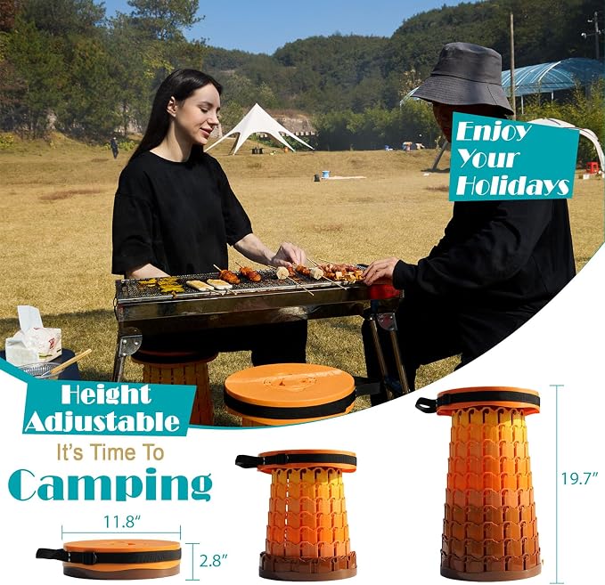 Collapsible Stool with Cushion,1000 lbs Capacity,19.7-in Adjustable Height | Wider & Taller Heavy Duty Portable Telescoping Folding Seat Chair for Adults Camping,Fishing,Travel,Queue Wait,Stadium View