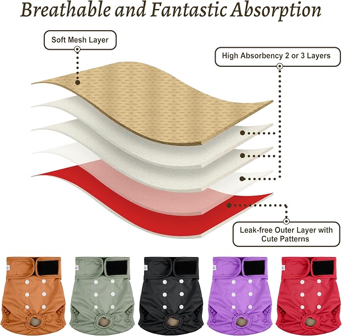 Washable Female Dog Diapers (5 Pack) - Doggie Reusable Small Medium Large Dog Diapers for Doggy Puppy Female in Period - Highly Absorbent Dog Heat Panties,S Plus,Red