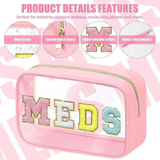 BuyCard 2 Pcs Medicine Chenille Letter Bag Preppy Clear Makeup Meds Pouch for Travel Nylon & PVC Transparent Cosmetic Bag Preppy Patch Toiletry Storage for Women Girls Pink