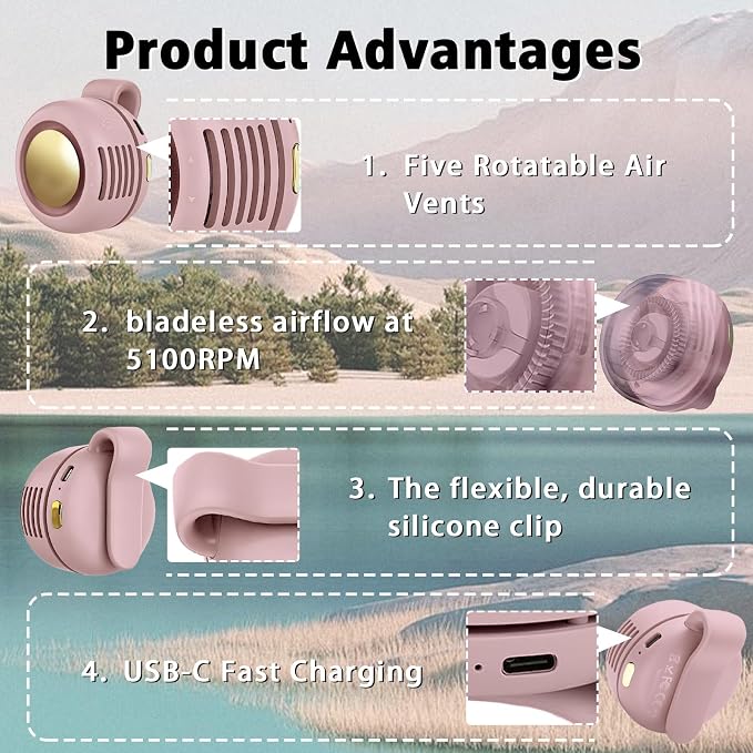 Portable Clip-On Fan, Mini USB Rechargeable 360° Rotatable Fan, Personal Fan 3-Speed Silent Mini Bladeless Fans (1 pack（Pink）)