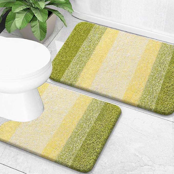 OLANLY Bathroom Rug Set 2 Piece, Soft Absorbent Microfiber Bath Mats and U-Shaped Contour Toilet Rug, Non-Slip, Machine Wash Dry, Plush Shaggy Bath Mats for Bathroom (24"x16"+U24 x20, Olive Green)