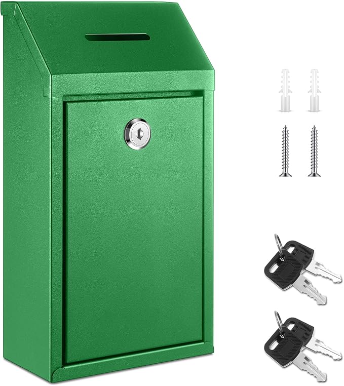 Yaocom Metal Money Box,Green,10.24 x 5.71 x 2.95 Inch,No Lid | Wall Mounted Drop Donation Cash Box for Farm Stand Collection Safe Suggestion Box with Lock Container for Home Office Outdoor