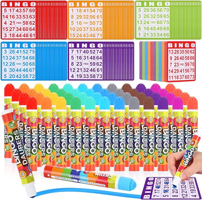 Crtiin 148 Pack Game Cards and Dot Daubers Set Includes 100 Bingo Cards and 48 Dot Markers Supplies Calling Card Set for Kids Preschool Children, Large Groups, Family Gathering Activity, Game Night