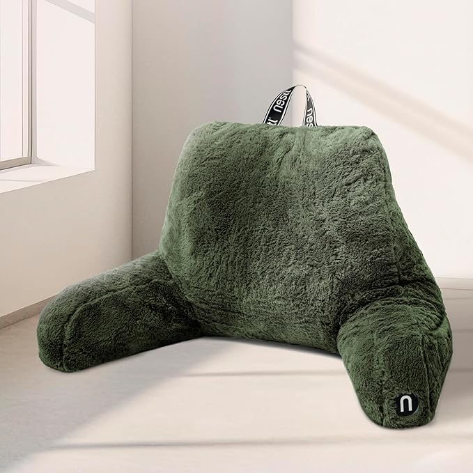 Nestl Fur Reading Pillow, Stylish Back Pillow for Bed Sitting Up, Faux Fur Bed Chair Pillow with Arms, Reading Pillows for Sitting in Bed Adult & Kids, Back Support Pillow for Bed Rest - Olive Green