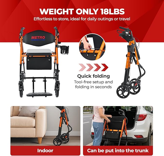 Metro Mobility 2 in 1 Rollator Walker & Transport Wheelchair, Foldable Lightweight Rollator Walker with Seat for Seniors, 8" Big Wheels for All Terrain, 300 lb. Weight Capacity, Orange
