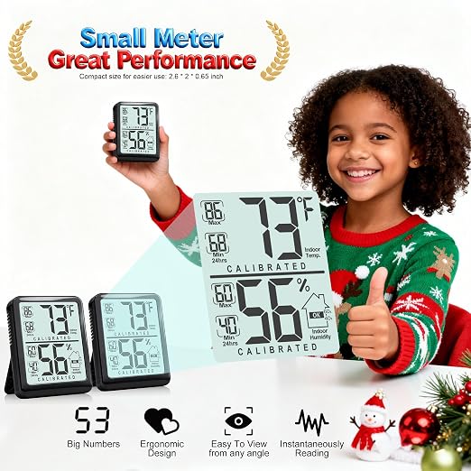 2 Pack Room Thermometer Indoor Hygrometer with Max/Min Record | W/ Battery, 24h Max/Min Record, Accurate Sensor, Fast Refresh, Easy to View, ℉/℃, Durable Kickstand, Compact, for Home Office