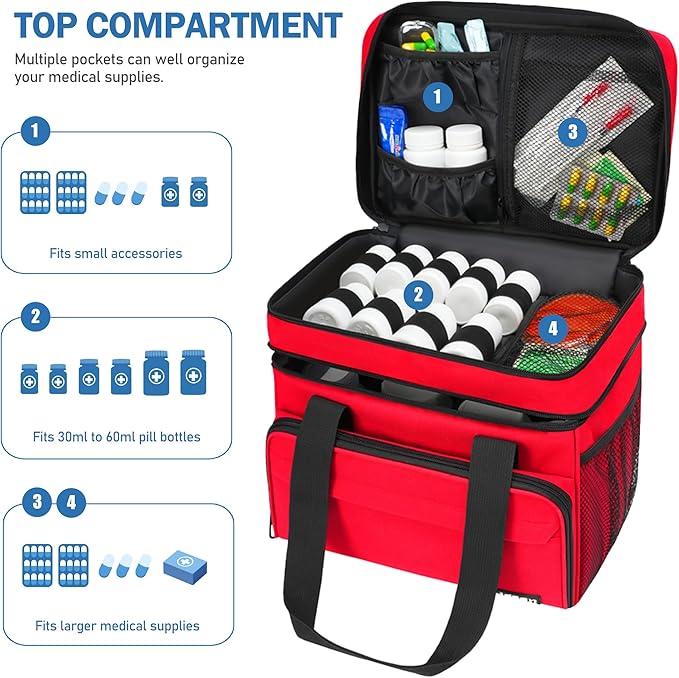 Large Medicine Storage Bag, Double Layer Pill Bottle Organizer Storage Bags with Lockable Zipper, Medication Travel Bag Carrying Case for Men Women (Red)