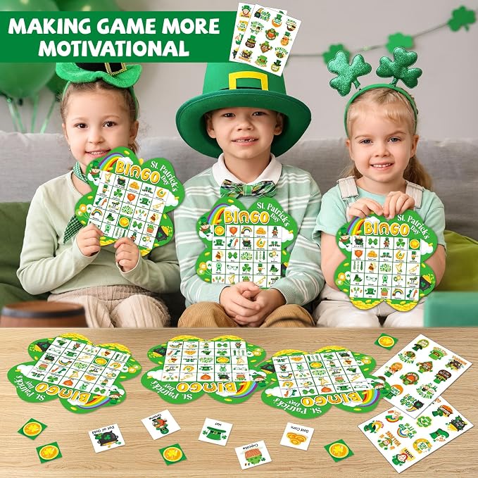 39Pcs St. Patrick’s Day Bingo Game for Adults Kids 24 Players Shamrock Shape Bingo Game Cards with Reward Stickers for Family Friend Large Group Activities St. Patrick’s Day Spring Party Favor