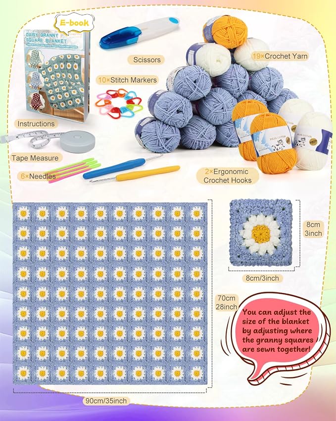 Coopay Crochet Kit for Beginners, Granny Square Blanket Kit, Blue-Purple | Crochet Kit W/Video Tutorial & Digital Instructions, All Accessories Included, Easy Knitting to Create Granny Square Blanket