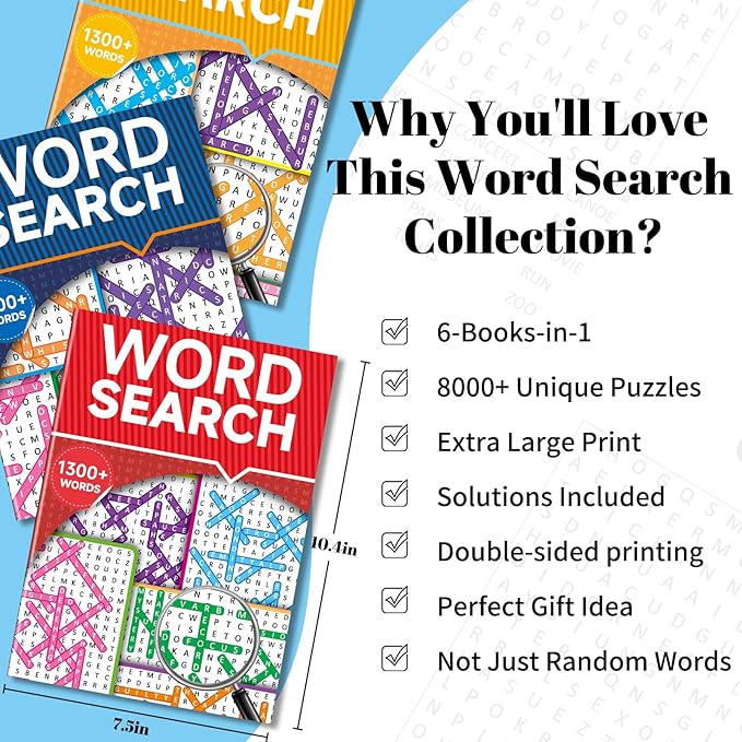 8000+ Large Print Word Search Books for Adults & Teens & Seniors, 6-Pack with 330+ Themes Puzzles Activity Books for Brain Games & Stress Relief（Innovative Shape Word Search Design）