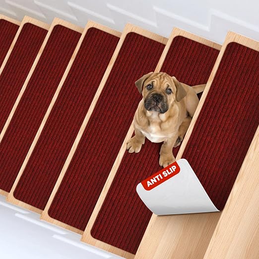 MBIGM Carpet Stair Treads for Wooden Steps, 15 Pack, 8" x 30", Red Stripe | Four-layer polyester carpet with PP grid base, nonwoven cushion and TPR adhesive backing adds indoor traction and comfort