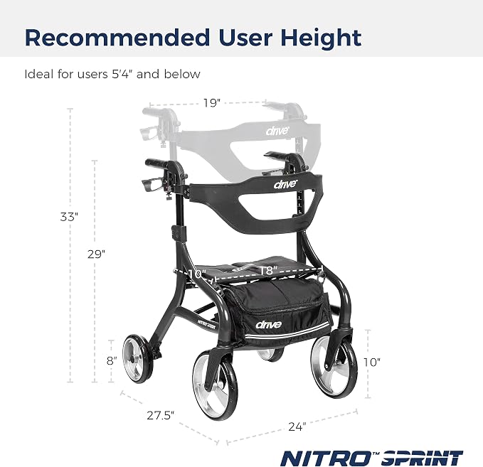 Drive Medical Nitro Sprint Rollator Walker with Seat, Petite Height, Black | Lightweight Rollator with Large Wheels Offers Short, Foldable Design for Seniors and Adults Every Day
