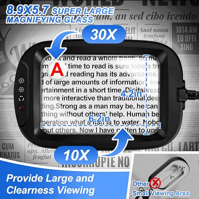 10X 30X 7'' Extra Large Magnifying Glass with Light and Stand, 5 Color LED | 5 Modes Dimmable LED Magnifying Lamp with Flexible Gooseneck, Hands Free Magnifier for Reading Close Work Seniors Low Vision