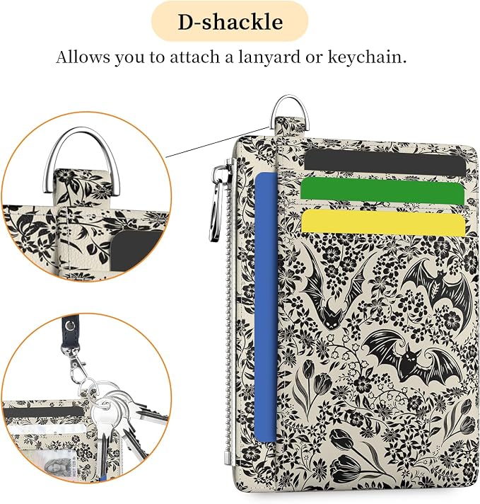Hancynir Goth Bat Floral Slim Wallet Women Credit Card Holder RFID Small | Gothic Zipper Pocket, Thin Travel Coin Purse, Ladies Women Gifts, Card Case Wallet, 6 Card Slots, ID Window, PU Leather