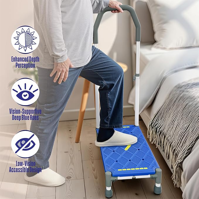 Extra Long Step Stool with Handle for Elderly(22 Inch), Heavy Duty Stepping Stool with Adjustable Handrails for High Beds, Non-Skid Platform Foot Stool for Adults, Seniors, Handicapped (1 Step Blue)