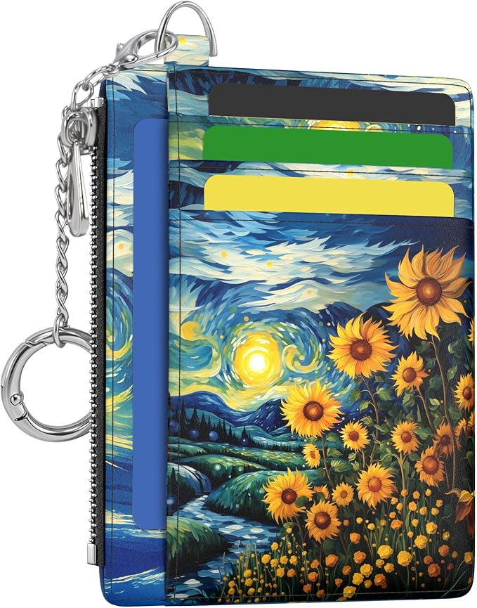Hancynir Sunflower Small Wallet Women Credit Card Holder, Slim RFID Cute | Zipper Keychain Wallet, Travel Coin Front Pocket, Ladies Women Gifts, Thin Minimalist Card Case, 6 Card Slots, PU Leather