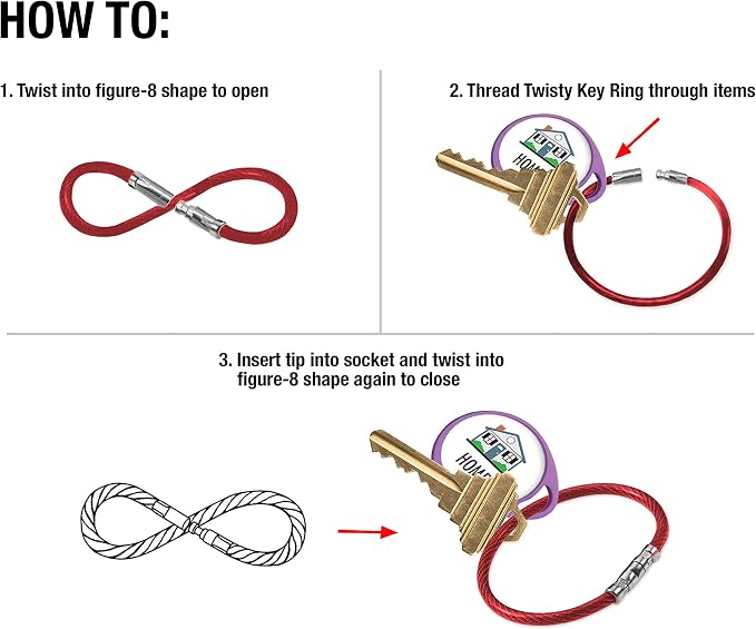 Lucky Line 5” Twisty Lock Key Ring, Flexible Nylon Coated Steel Wire Loop, Corrosion-Resistant and Durable, 5 Pack, Red (8117005)