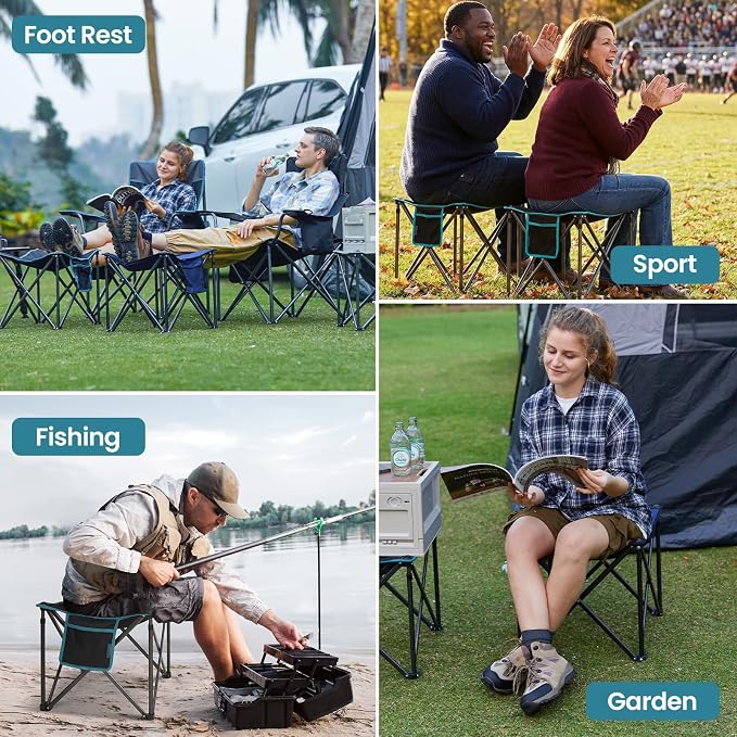 FUNDANGO Oversized Camping Stool for adults, 2 Pack Thick Padded 18.1 Inch Folding Ottoman Foot Rest, 440 Lbs Heavy Duty Outdoor Camp Chairs with Anti-Slip Foots & Carry Bag for Fishing Travel (Black)