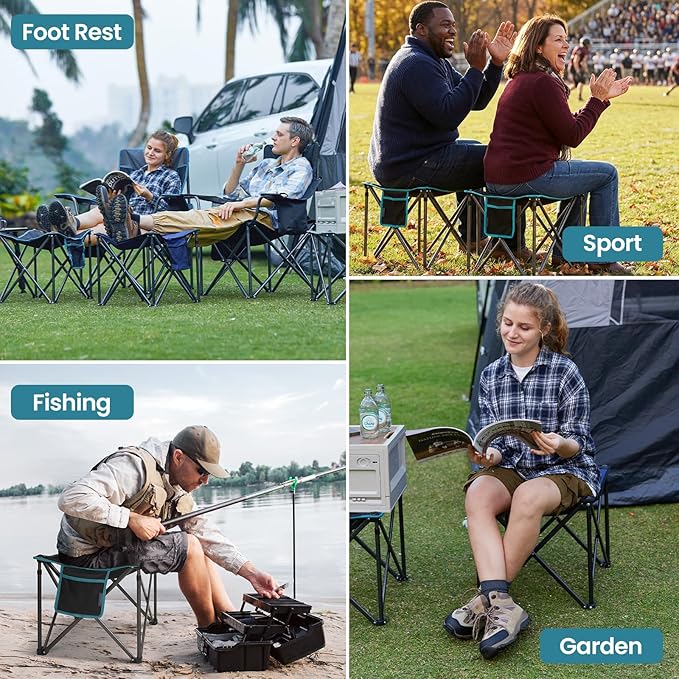 FUNDANGO Oversized Camping Stool for Adults, 2 Pack Thick Padded 18.1 Inch Folding Ottoman Foot Rest, 440 Lbs Heavy Duty Outdoor Camp Chairs with Anti-Slip Foots & Carry Bag for Fishing Travel (Blue)