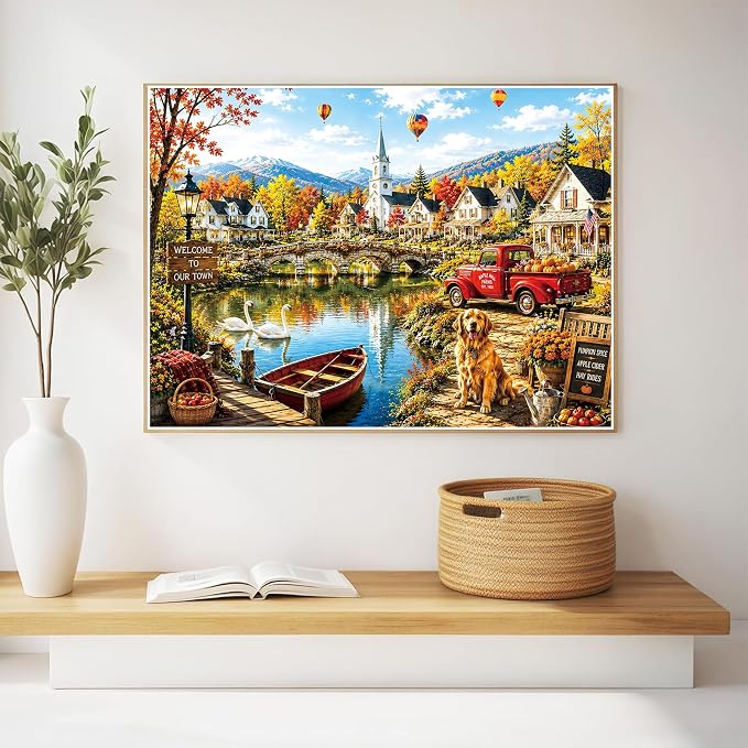 300 Piece Jigsaw Puzzle for Kids & Adults - European Village Puzzle with Lake, Colorful Houses, Bridge & Autumn Landscape, for Boys Girls Ages 8+, 20.5 x 15 in