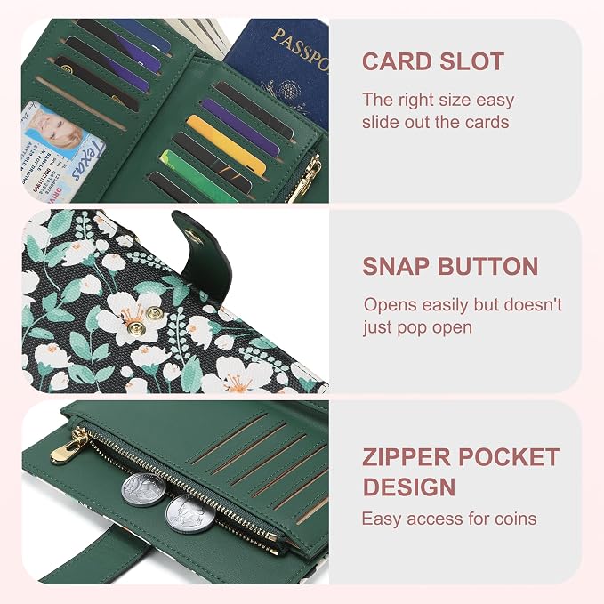 yiijay Womens Wallet RFID Blocking Vegan Leather Trifold Clutch Credit Card Holder Ladies Travel Wallet Purse with Pen Holder