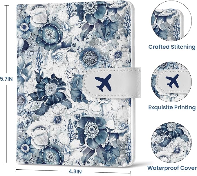 Passport Holder for Travel Essentials, RFID Blocking Leather Cover Wallet with Magnetic Closure, Aesthetic & Cute Passport Book Case for Women and Men - Blueflower